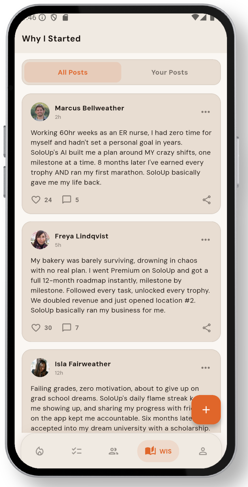 SoloUp's Why I Started feed with stories from people chasing their goals